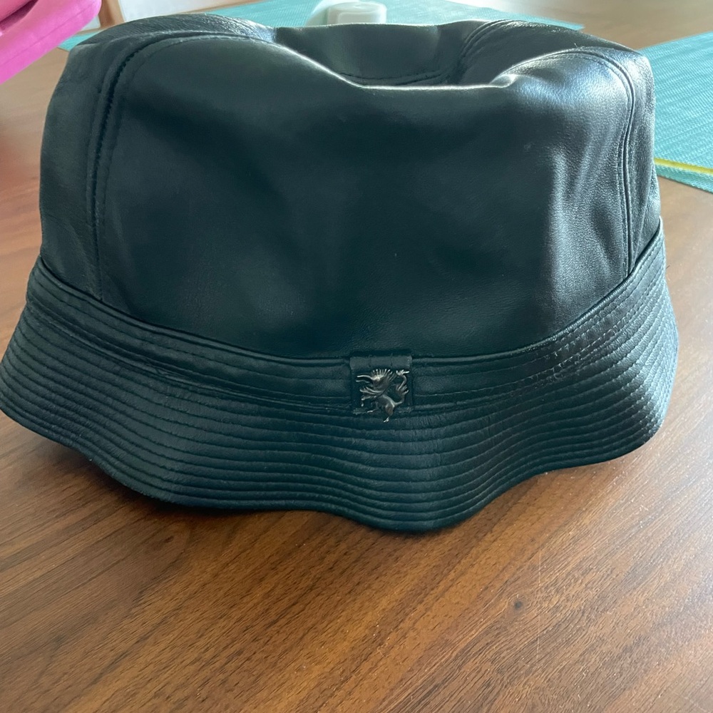 Black leather Phillip Treacy London bucket hat